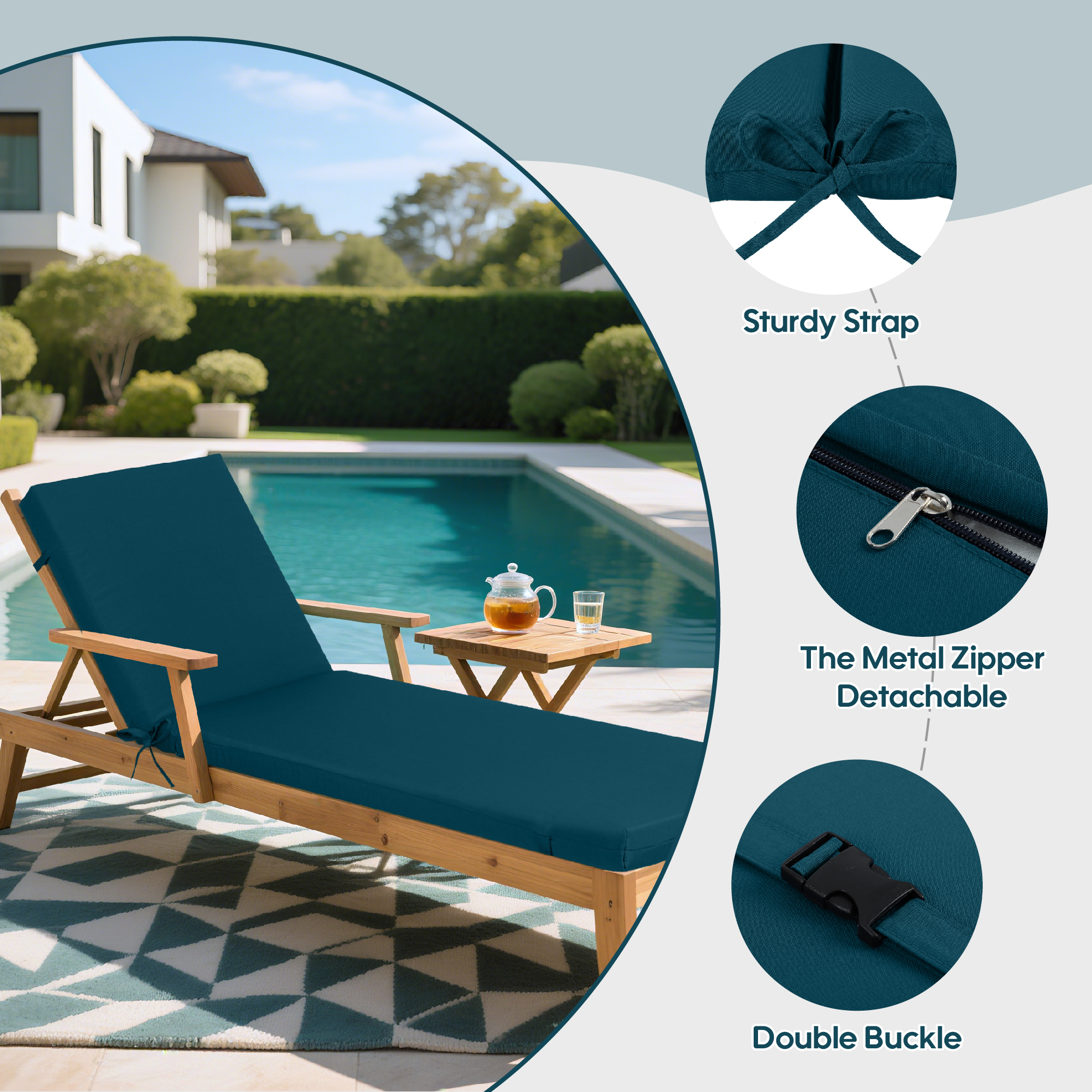 Lake Blue 2-Piece Outdoor Chaise Lounge Cushion Set - UV Resistant Replacement Patio Furniture Seat Pads with Adjustable Straps