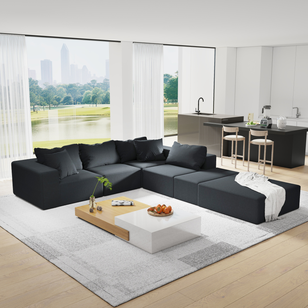 Modern Chenille L-Shaped Sectional Sofa with Ottoman - Modular Black Living Room Couch Set with Pillows