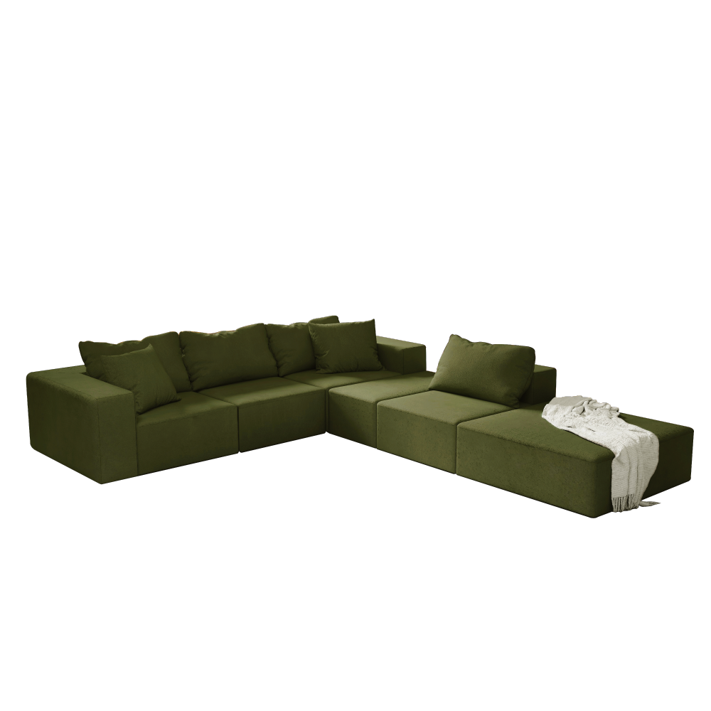 Modern Chenille L-Shaped Sectional Sofa Set with Ottoman, Modular 132" Green Upholstered Couch for Living Room
