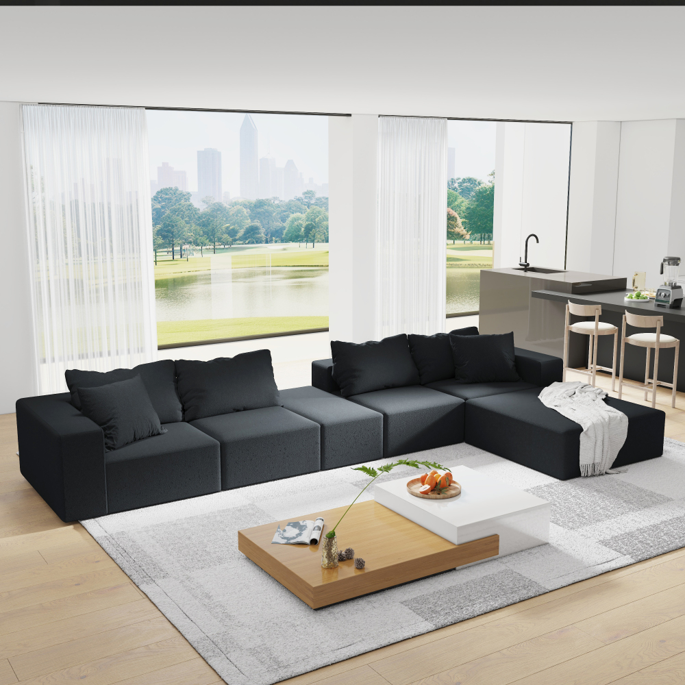 Modern Chenille L-Shaped Sectional Sofa with Ottoman - Modular Black Living Room Couch Set with Pillows