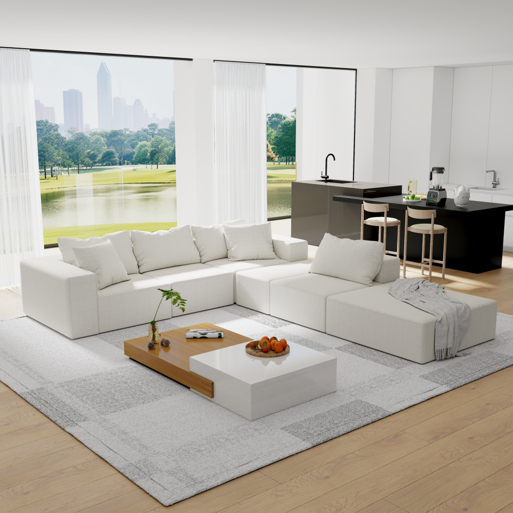 Modern Modular Chenille Sectional Sofa Set, 132" L-Shaped Living Room Couch with 6 Pillows & No Assembly Required