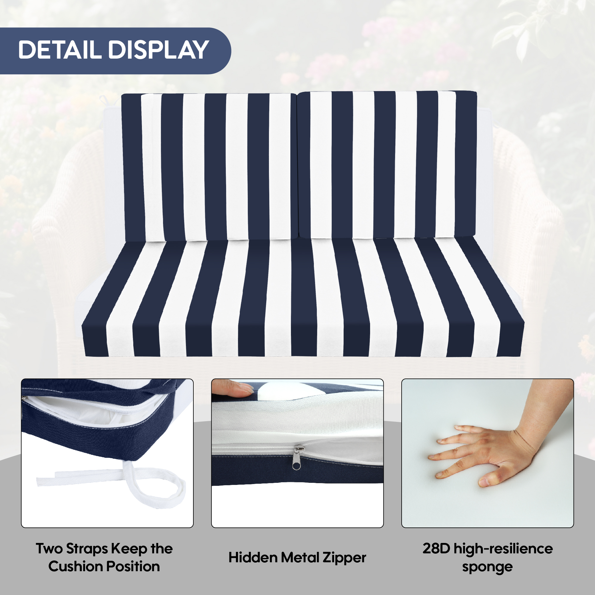 Navy & White Striped Outdoor Deep Seat Cushions - Waterproof Patio Furniture Replacement Set with High Resilience Foam