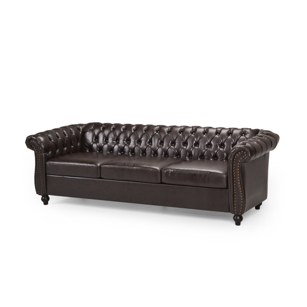 Classic Chesterfield Sofa with Deep Button Tufting, Nailhead Trim & Rolled Arms - 3-Seater Brown PU Leather Couch for Living Room
