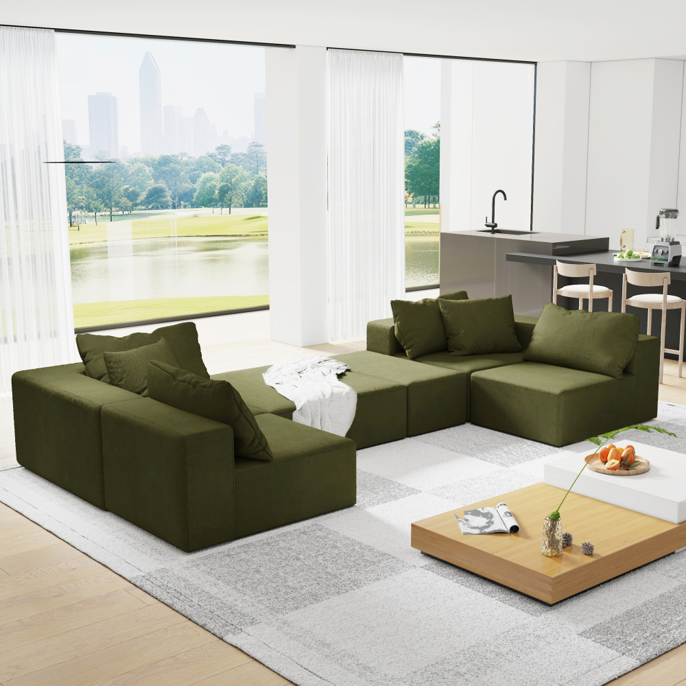 Modern Chenille L-Shaped Sectional Sofa Set with Ottoman, Modular 132" Green Upholstered Couch for Living Room