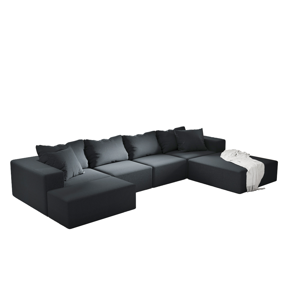 Modern Chenille L-Shaped Sectional Sofa with Ottoman - Modular Black Living Room Couch Set with Pillows