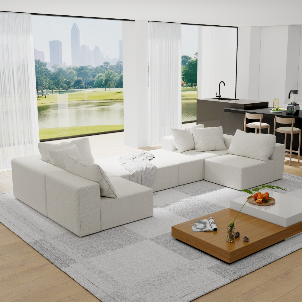 Modern Modular Chenille Sectional Sofa Set, 132" L-Shaped Living Room Couch with 6 Pillows & No Assembly Required