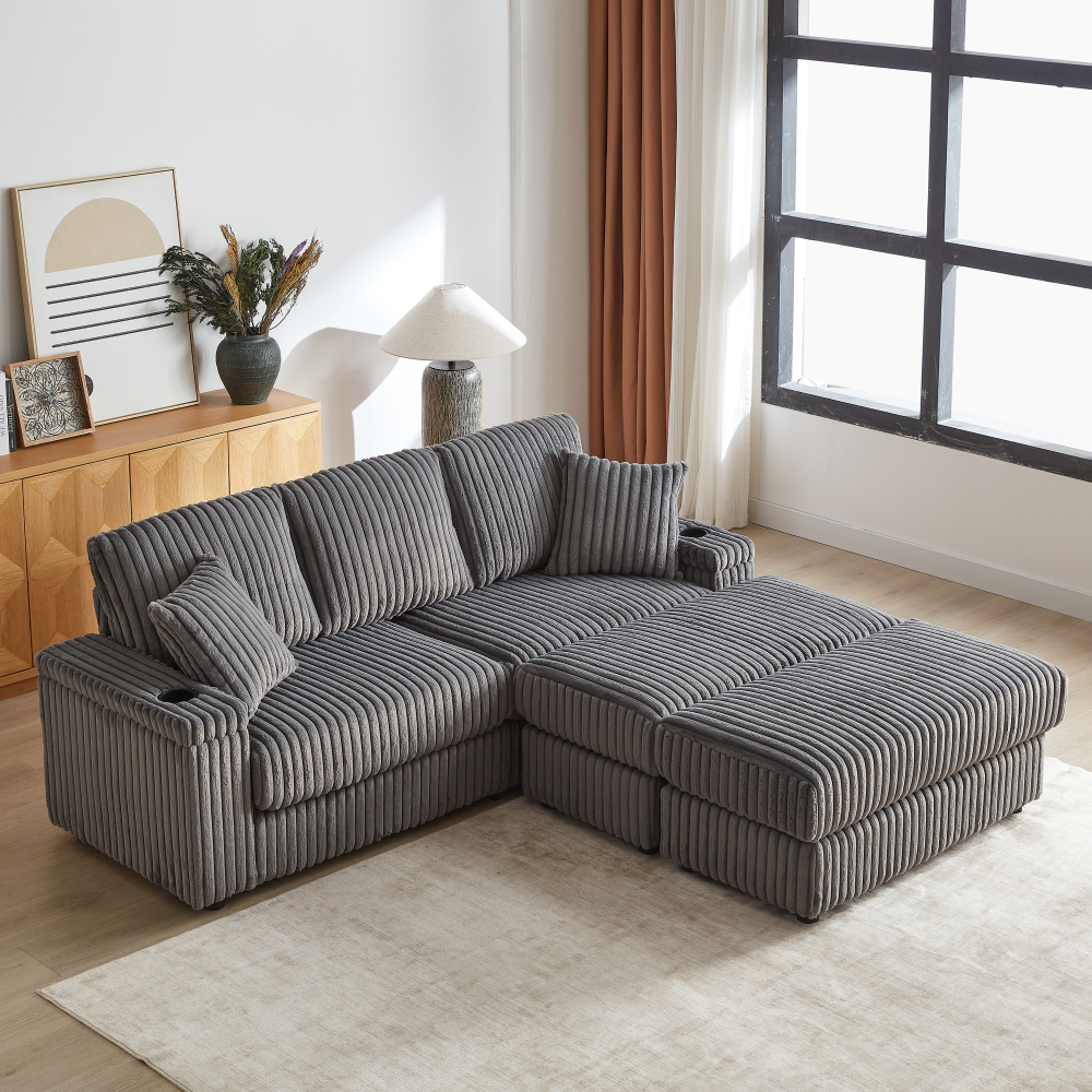 84" Corduroy Sectional Sofa with Ottoman & Storage, Deep Seat 3-Seater Couch for Living Room