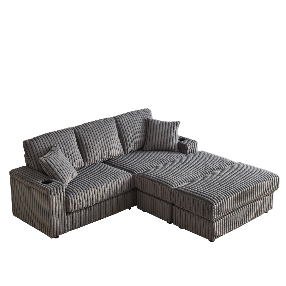 84" Corduroy Sectional Sofa with Ottoman & Storage, Deep Seat 3-Seater Couch for Living Room