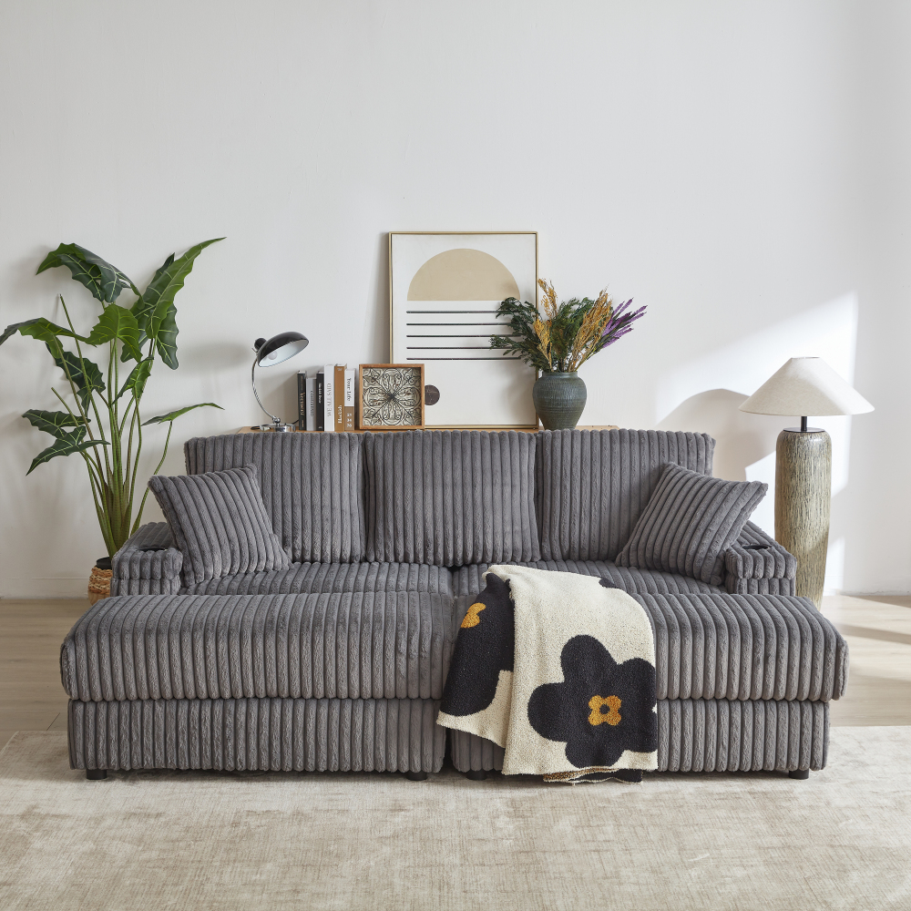 84" Corduroy Sectional Sofa with Ottoman & Storage, Deep Seat 3-Seater Couch for Living Room