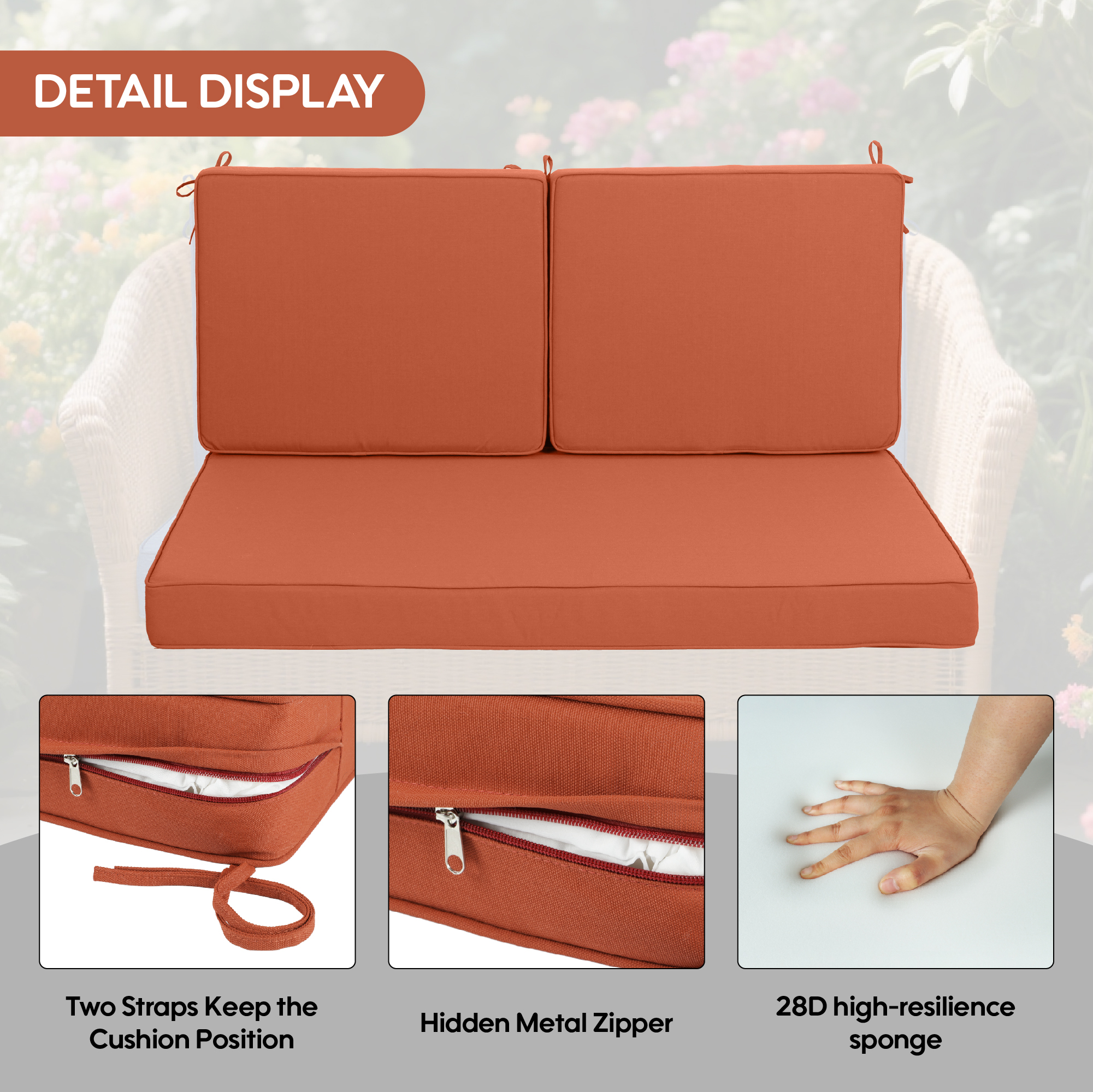 48" Outdoor Loveseat Cushion Set - Waterproof Deep Seat Patio Furniture Cushions with High Resilience Foam & Removable Covers (Red)