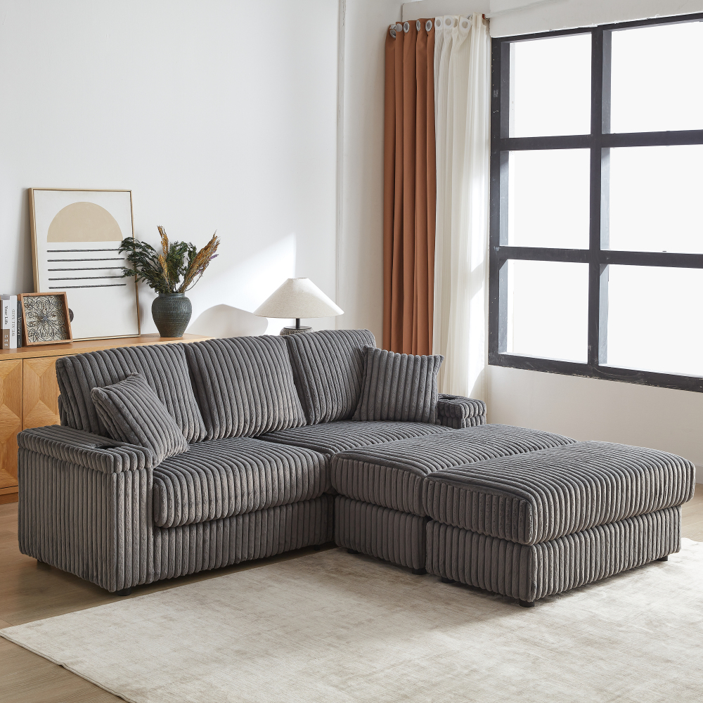 84" Corduroy Sectional Sofa with Ottoman & Storage, Deep Seat 3-Seater Couch for Living Room