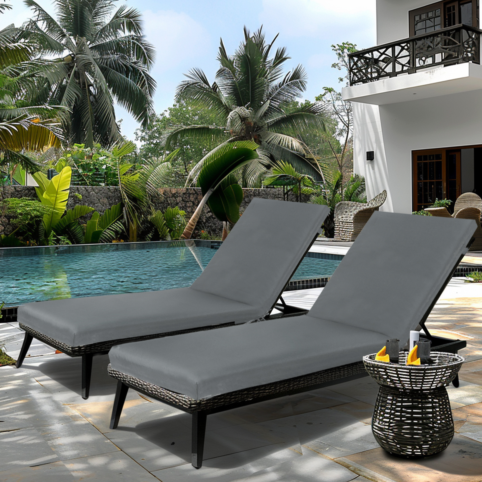 Set of 2 Outdoor Chaise Lounge Cushions - UV Resistant Patio Furniture Seat & Back Replacement Pads with Ties