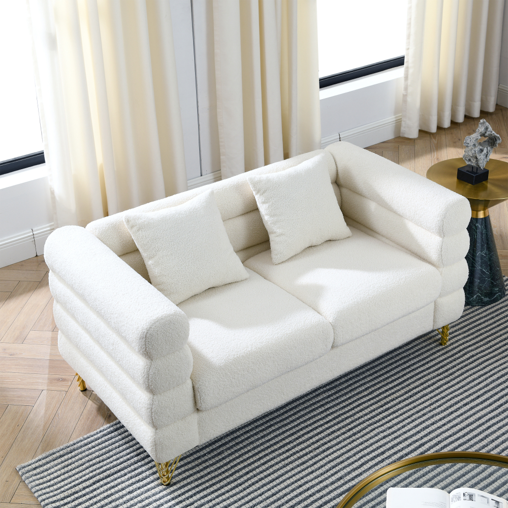 60" Ivory Teddy Fabric Loveseat Sofa with Gold Legs, Streamline Modern 2 Seater Couch with Lumbar Pillows for Living Room
