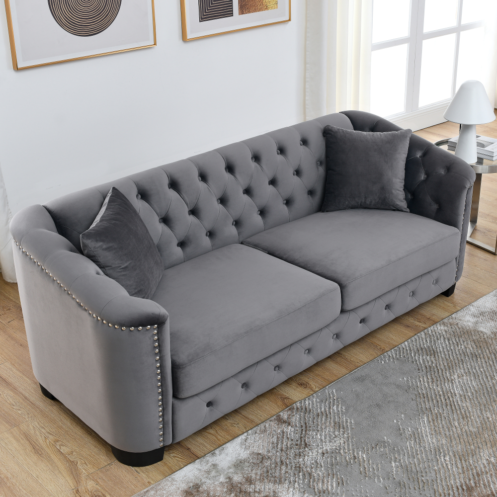77-Inch Modern Chesterfield Velvet Sofa, Tufted 3-Seater Couch with Nailhead Trim & Rolled Arms for Living Room