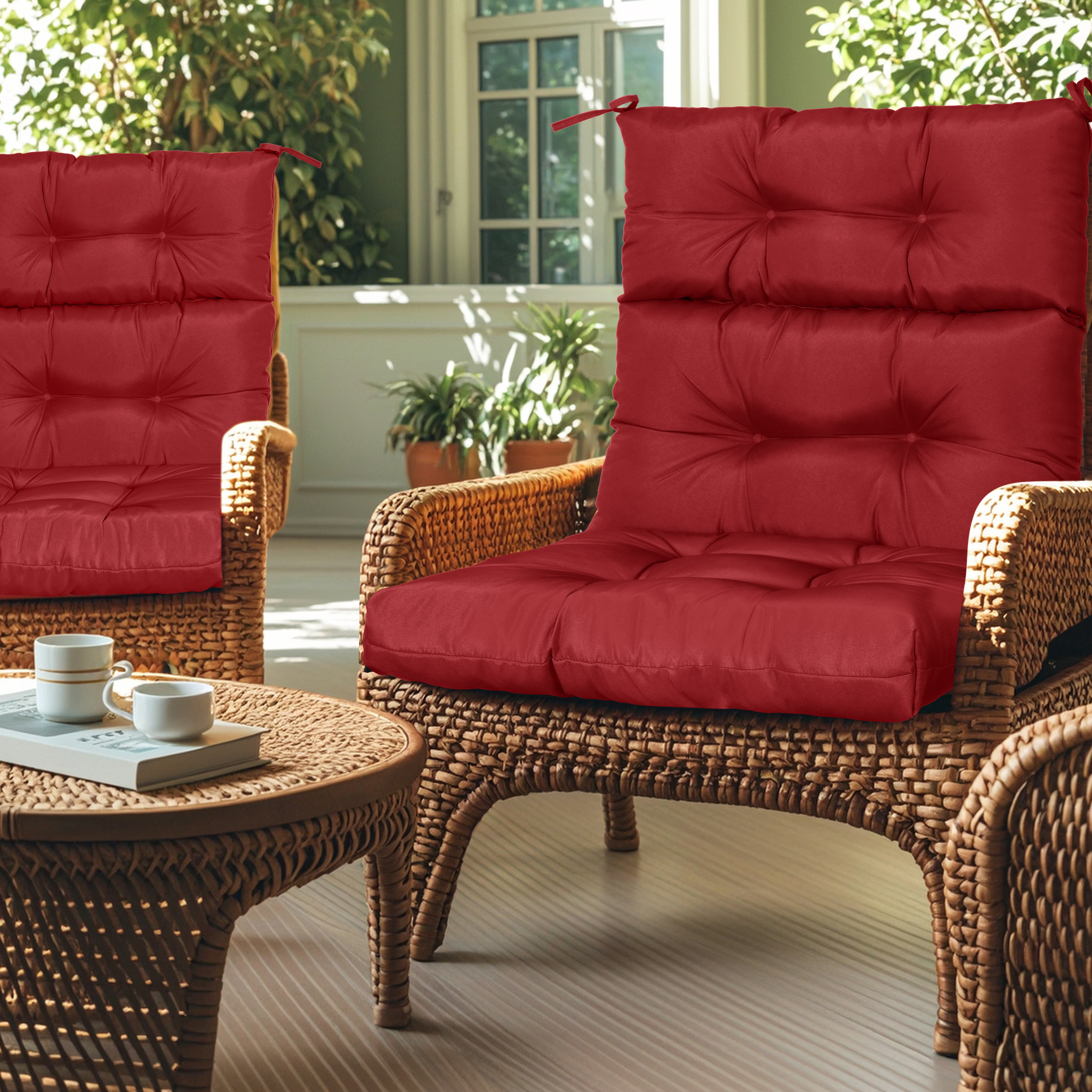 Set of 2 High Back Tufted Patio Chair Cushions - Waterproof Outdoor Rocking & Adirondack Seat Pads with Ties, Red