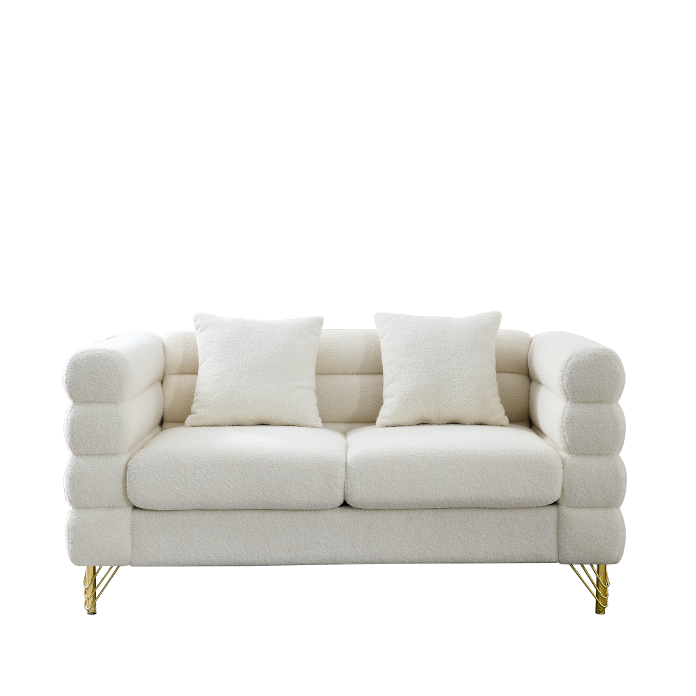 60" Ivory Teddy Fabric Loveseat Sofa with Gold Legs, Streamline Modern 2 Seater Couch with Lumbar Pillows for Living Room