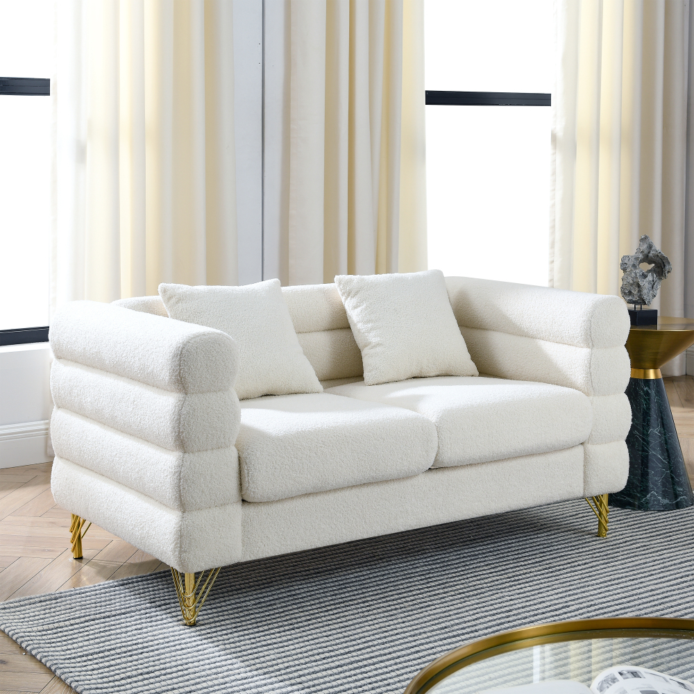 60" Ivory Teddy Fabric Loveseat Sofa with Gold Legs, Streamline Modern 2 Seater Couch with Lumbar Pillows for Living Room