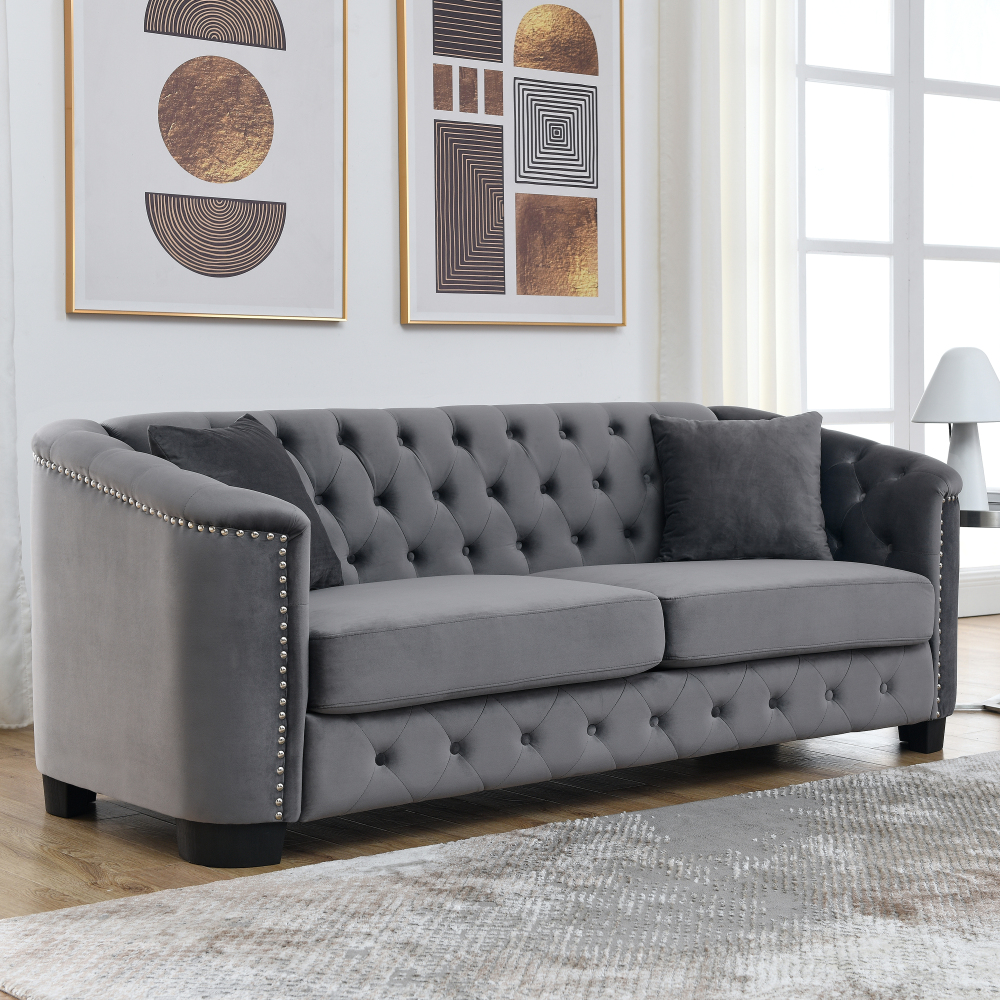77-Inch Modern Chesterfield Velvet Sofa, Tufted 3-Seater Couch with Nailhead Trim & Rolled Arms for Living Room