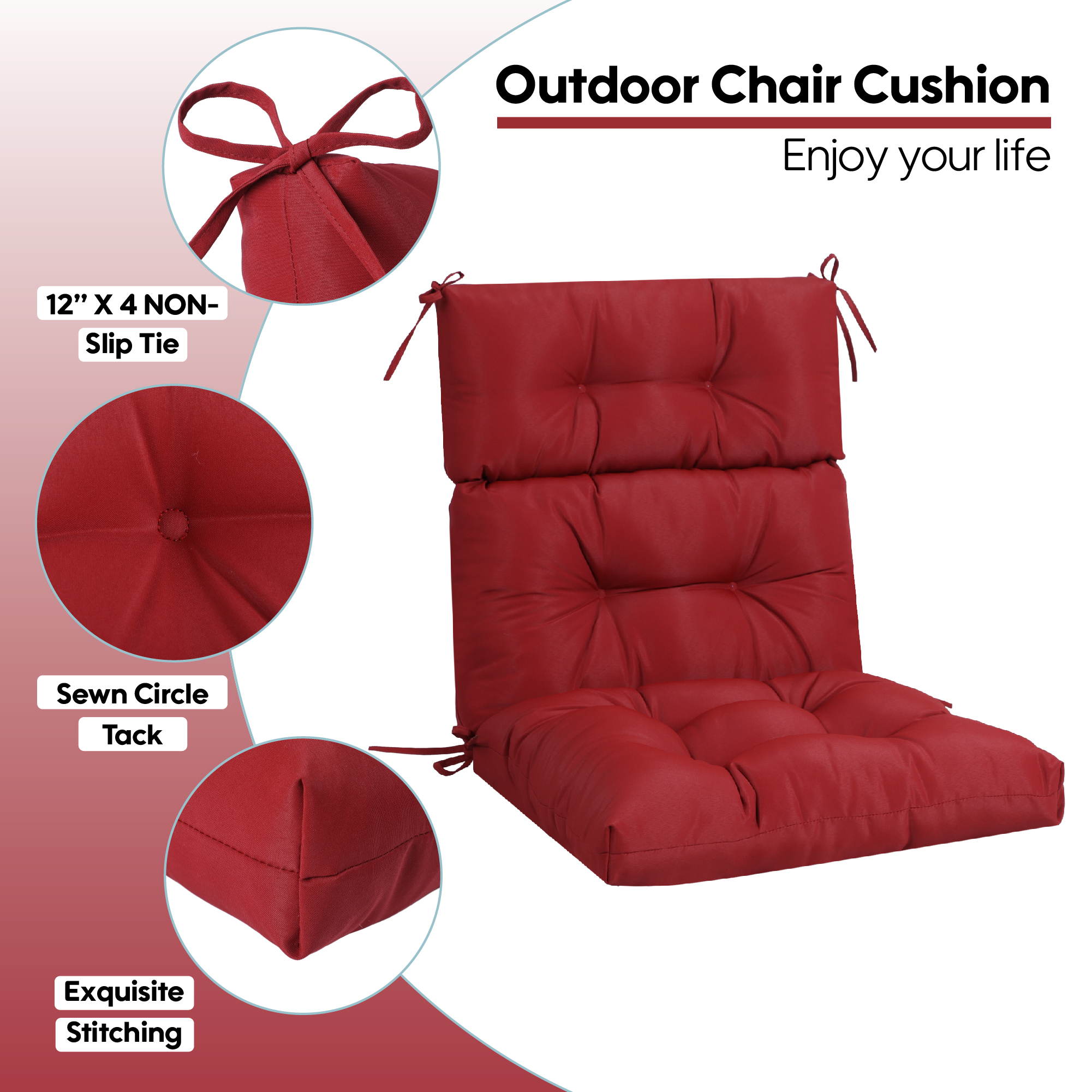 Set of 2 High Back Tufted Patio Chair Cushions - Waterproof Outdoor Rocking & Adirondack Seat Pads with Ties, Red