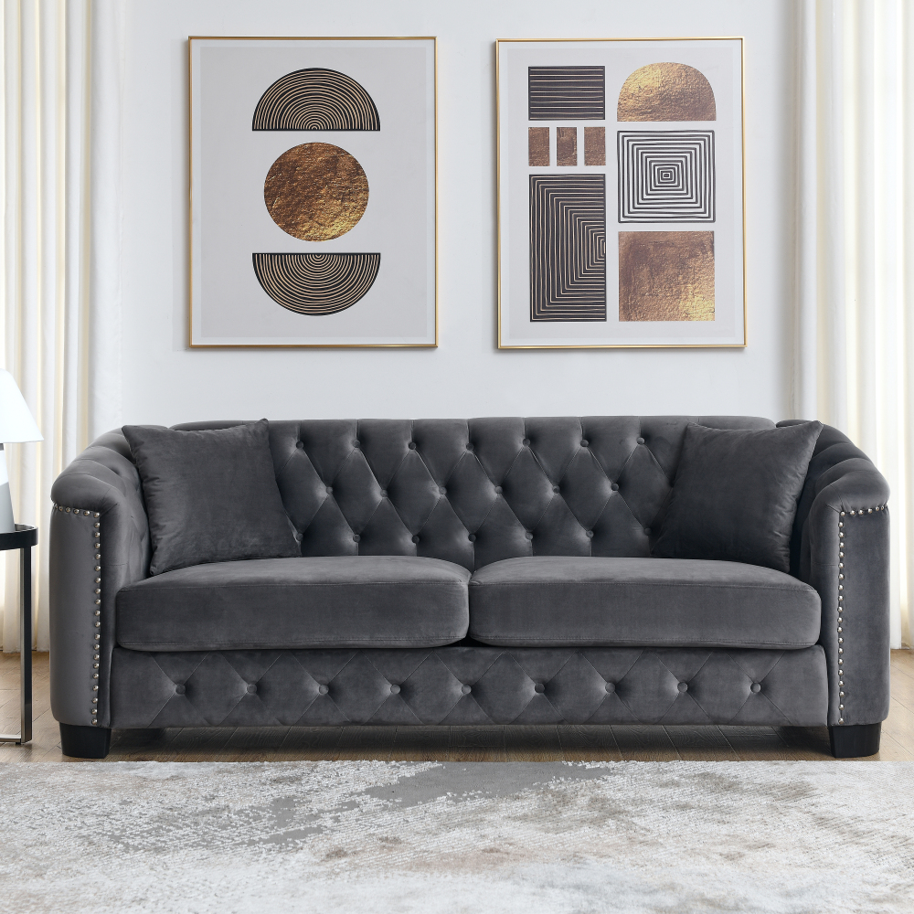 77-Inch Modern Chesterfield Velvet Sofa, Tufted 3-Seater Couch with Nailhead Trim & Rolled Arms for Living Room