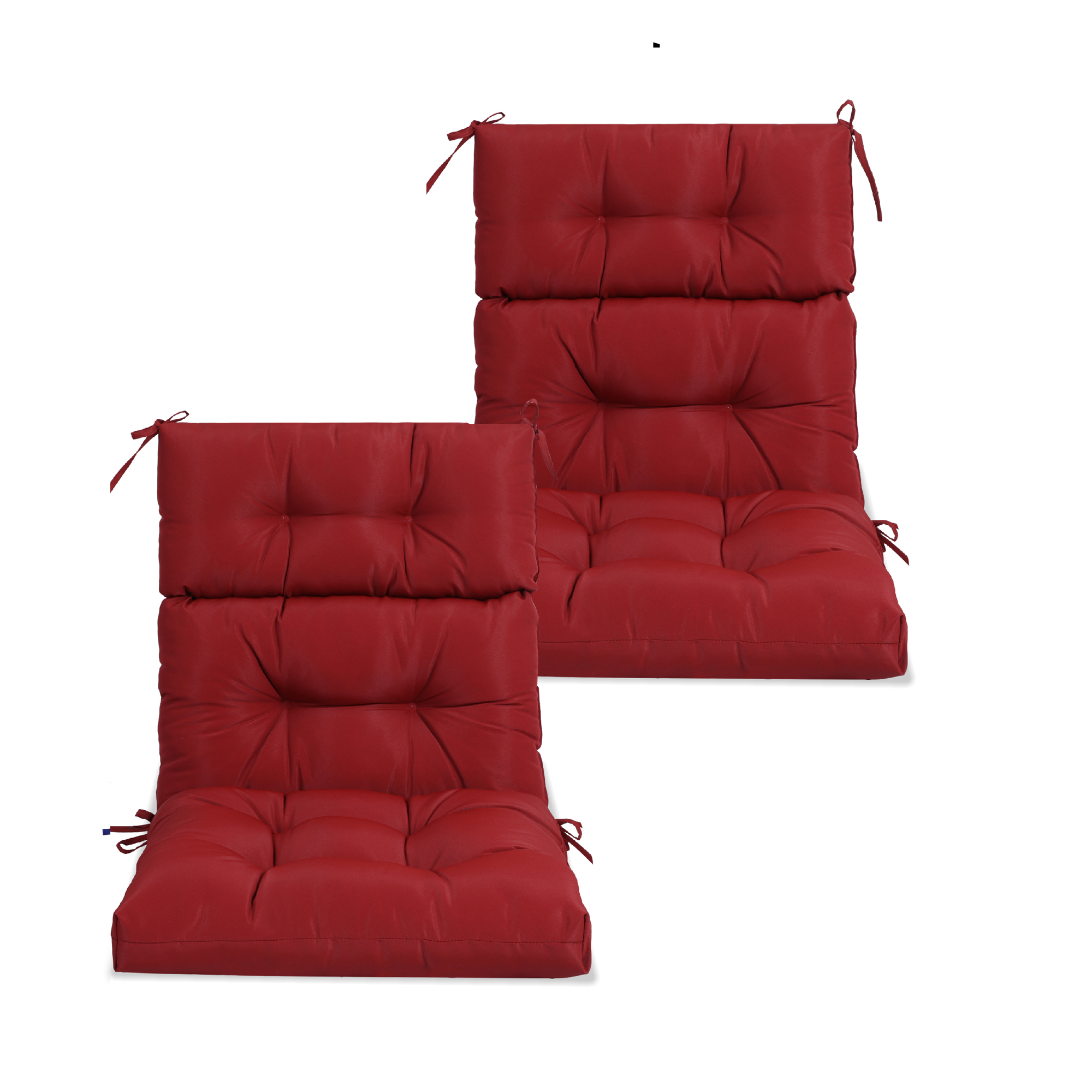 Set of 2 High Back Tufted Patio Chair Cushions - Waterproof Outdoor Rocking & Adirondack Seat Pads with Ties, Red