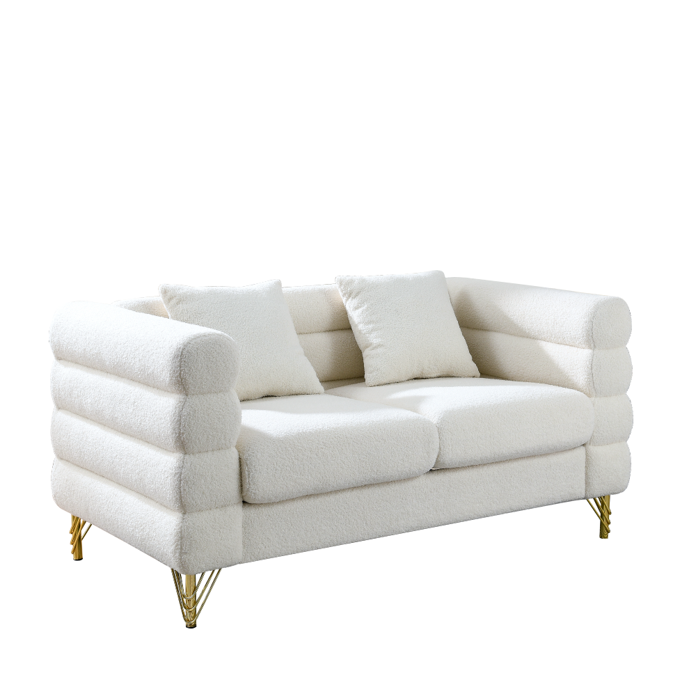 60" Ivory Teddy Fabric Loveseat Sofa with Gold Legs, Streamline Modern 2 Seater Couch with Lumbar Pillows for Living Room