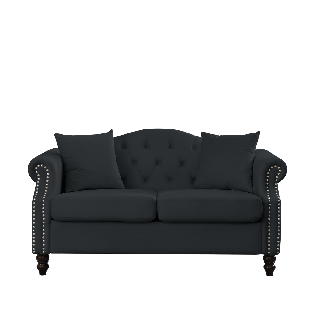 57" Black Velvet Chesterfield Sofa - Tufted 2 Seater Loveseat with Rolled Arms & Nailhead Trim for Living Room, Bedroom, or Apartment