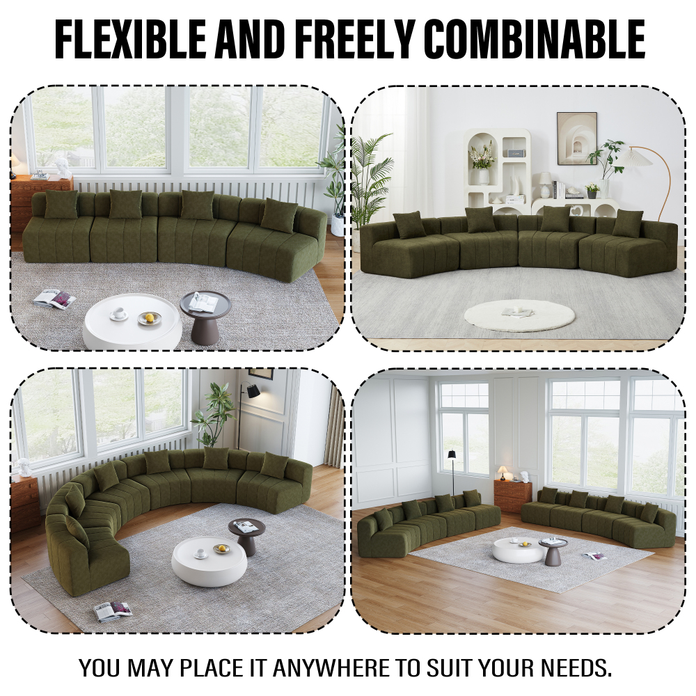 Chenille Curved Sectional Sofa - Semi-Circular Modular Couch with Piano Key Design, Green 6-Seater for Living Room