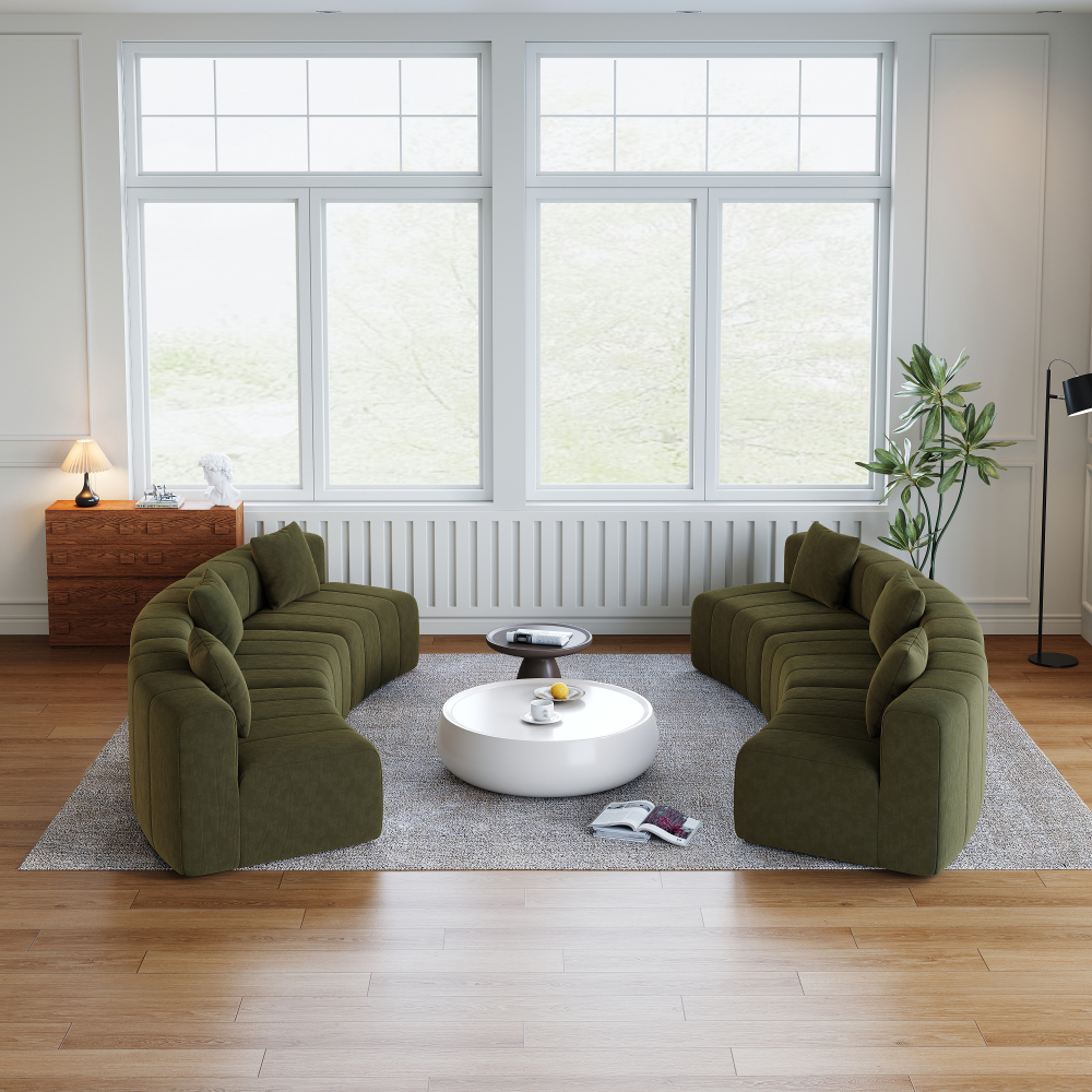 Chenille Curved Sectional Sofa - Semi-Circular Modular Couch with Piano Key Design, Green 6-Seater for Living Room