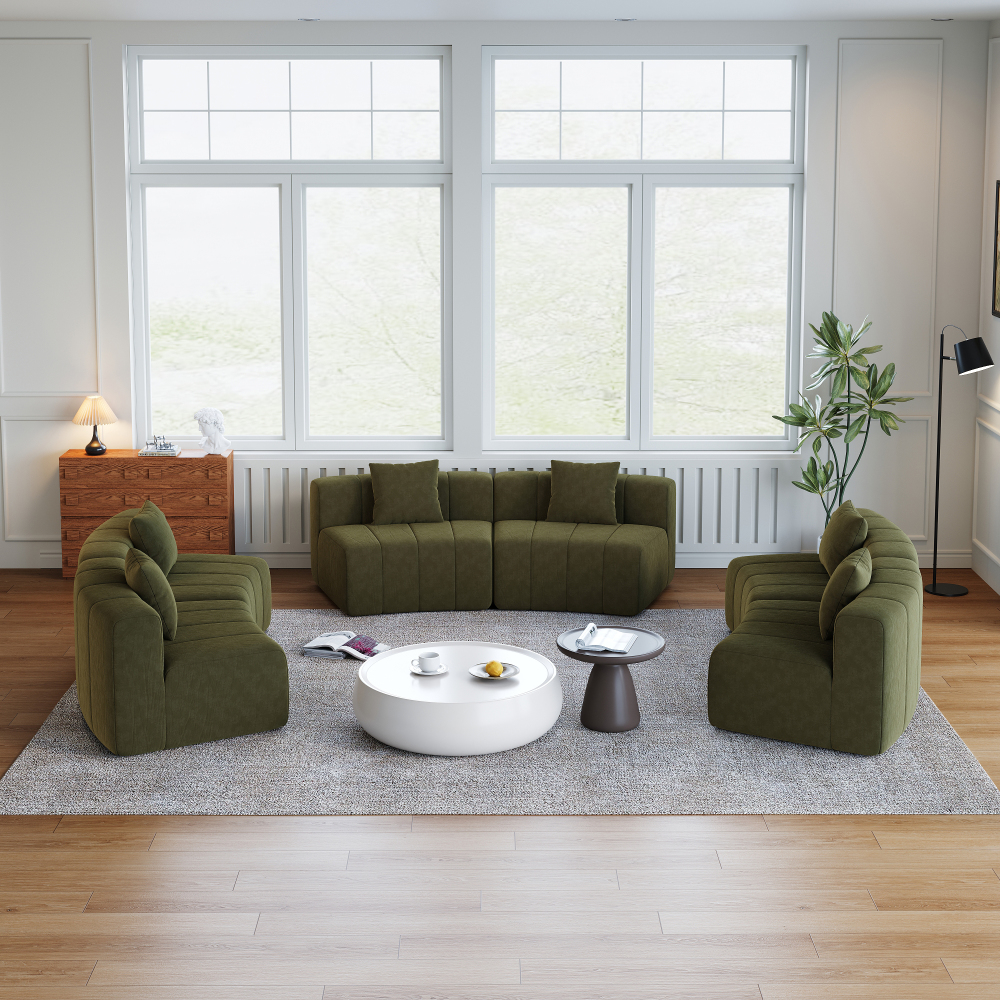 Chenille Curved Sectional Sofa - Semi-Circular Modular Couch with Piano Key Design, Green 6-Seater for Living Room