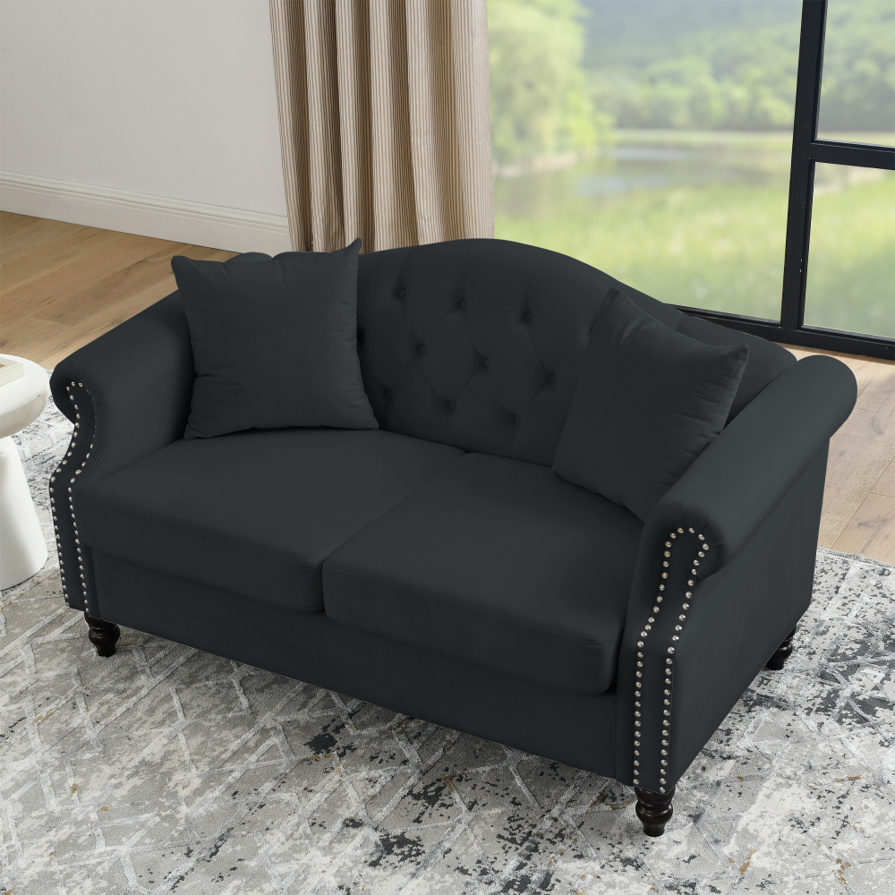 57" Black Velvet Chesterfield Sofa - Tufted 2 Seater Loveseat with Rolled Arms & Nailhead Trim for Living Room, Bedroom, or Apartment