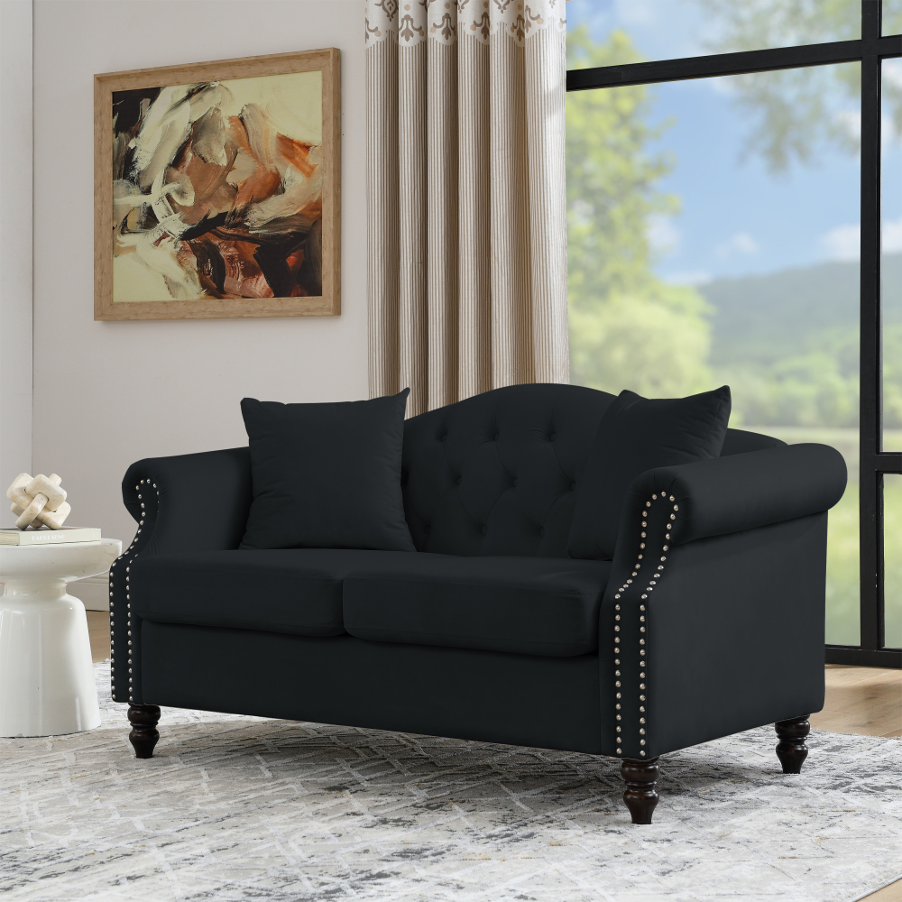 57" Black Velvet Chesterfield Sofa - Tufted 2 Seater Loveseat with Rolled Arms & Nailhead Trim for Living Room, Bedroom, or Apartment