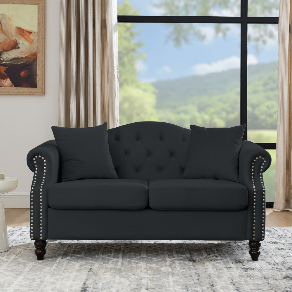 57" Black Velvet Chesterfield Sofa - Tufted 2 Seater Loveseat with Rolled Arms & Nailhead Trim for Living Room, Bedroom, or Apartment