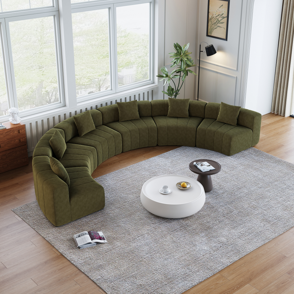 Chenille Curved Sectional Sofa - Semi-Circular Modular Couch with Piano Key Design, Green 6-Seater for Living Room