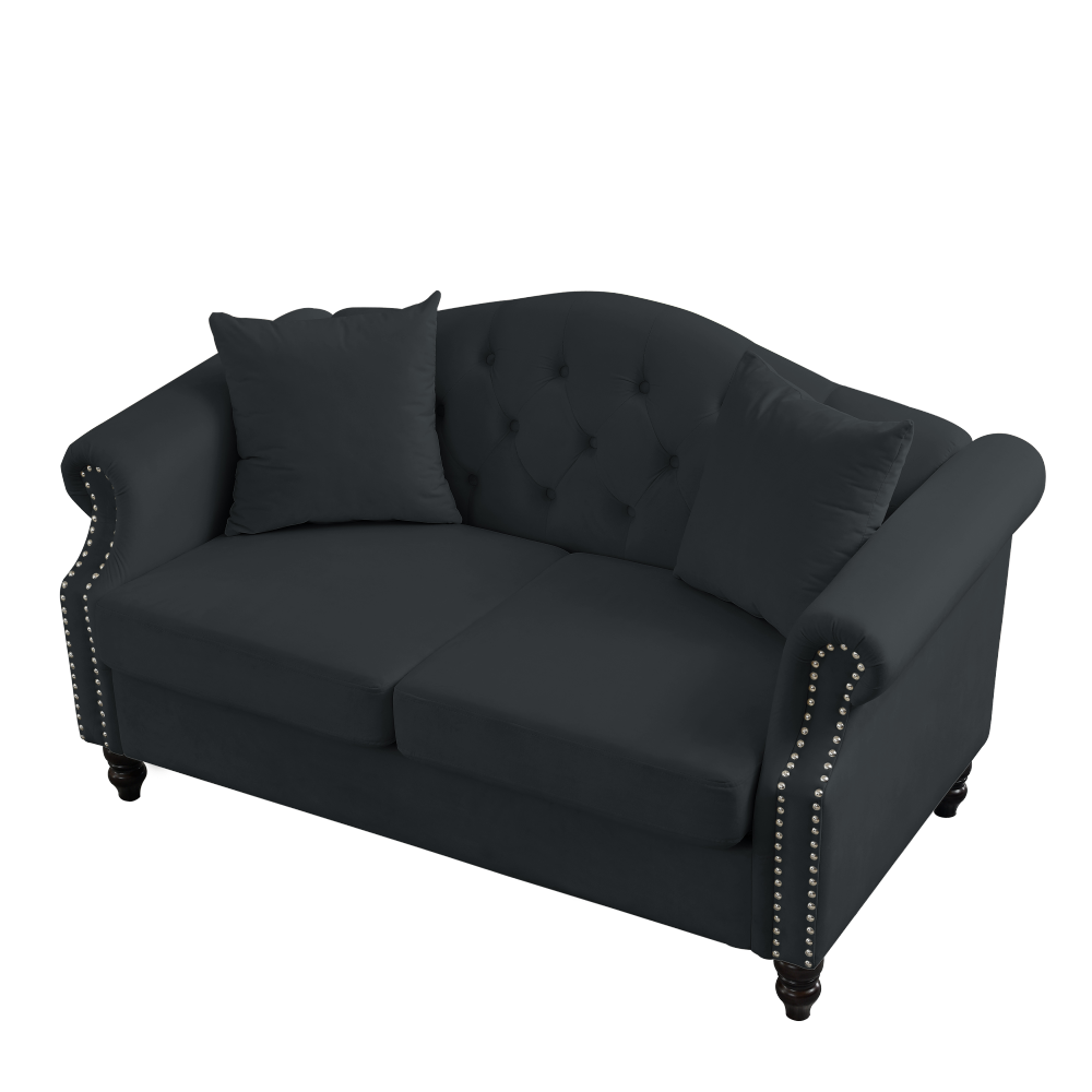 57" Black Velvet Chesterfield Sofa - Tufted 2 Seater Loveseat with Rolled Arms & Nailhead Trim for Living Room, Bedroom, or Apartment