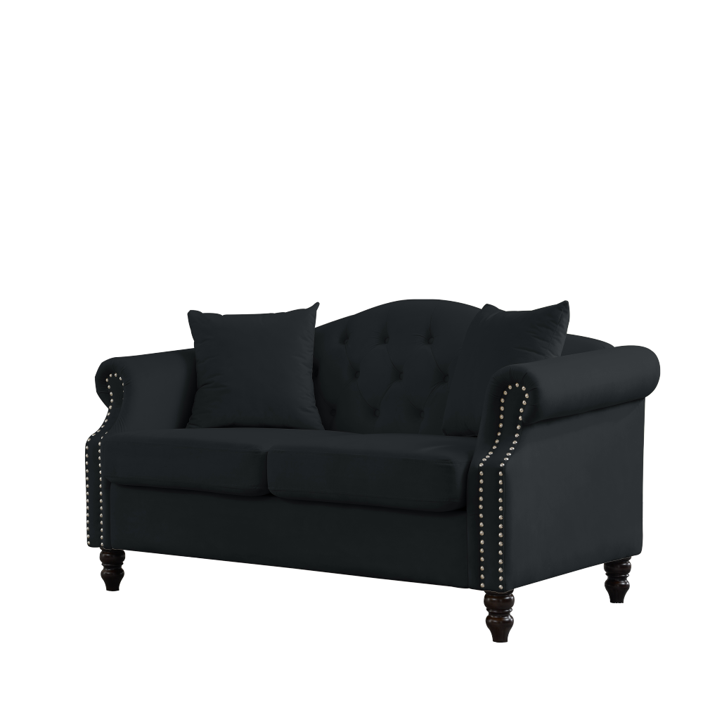 57" Black Velvet Chesterfield Sofa - Tufted 2 Seater Loveseat with Rolled Arms & Nailhead Trim for Living Room, Bedroom, or Apartment