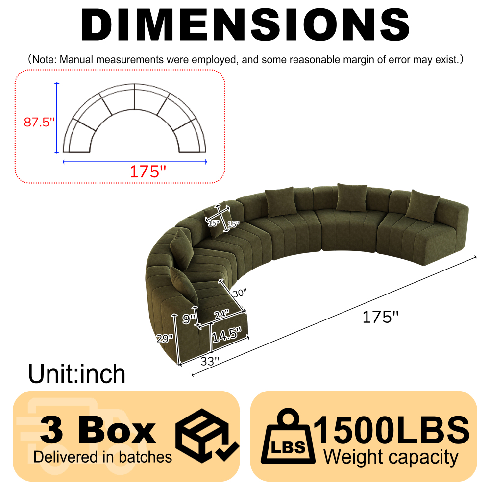 Chenille Curved Sectional Sofa - Semi-Circular Modular Couch with Piano Key Design, Green 6-Seater for Living Room