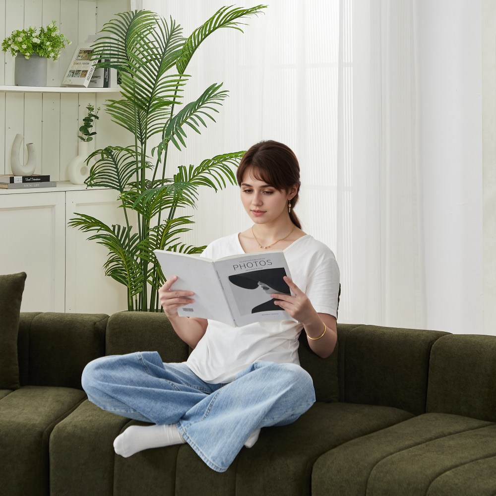 Chenille Curved Sectional Sofa - Semi-Circular Modular Couch with Piano Key Design, Green 6-Seater for Living Room