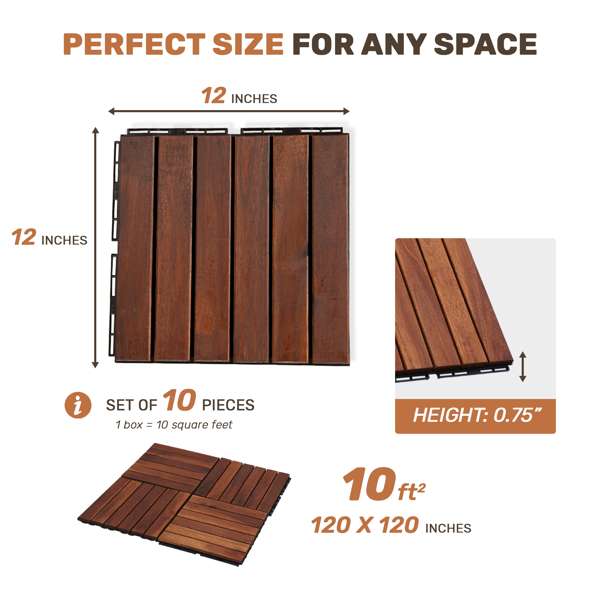 10-Piece Interlocking Acacia Hardwood Deck Tiles - 12"x12" Waterproof Outdoor Flooring for Patio, Balcony & Poolside