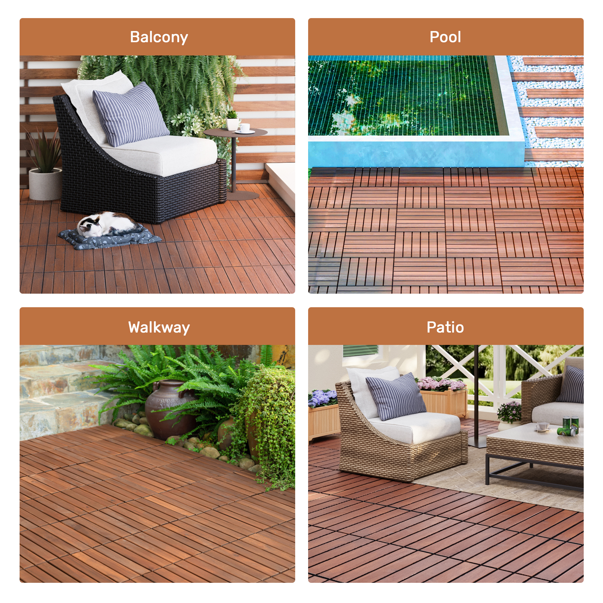 10-Piece Interlocking Acacia Hardwood Deck Tiles - 12"x12" Waterproof Outdoor Flooring for Patio, Balcony & Poolside