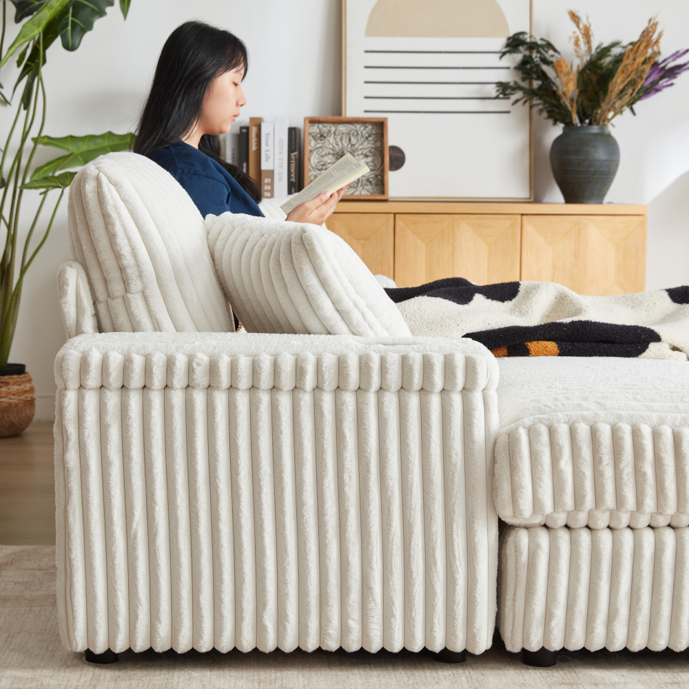 84" Corduroy 3-Seater Sofa with Ottoman & Storage, Deep Seat Couch with Cup Holders for Living Room