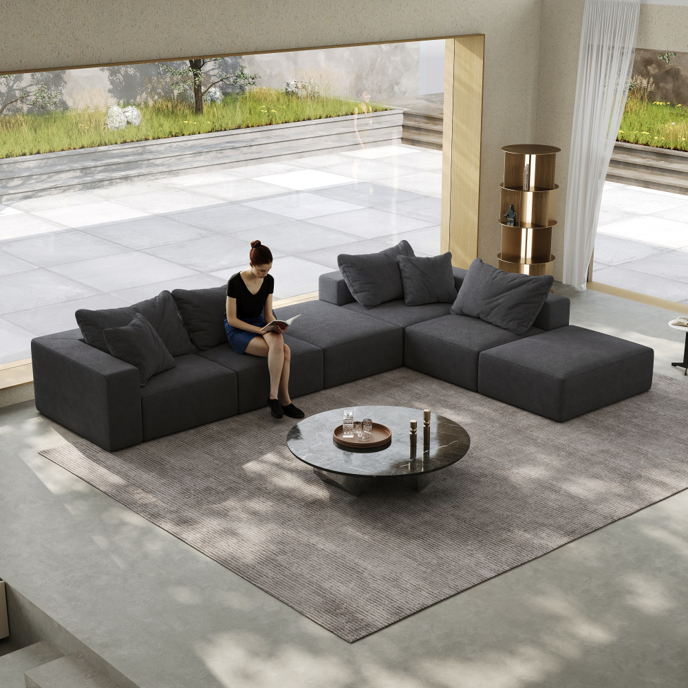 Oversized Modular Chenille Sectional Sofa - 162" L-Shaped Cloud Couch with 6 Pillows, No Assembly Required