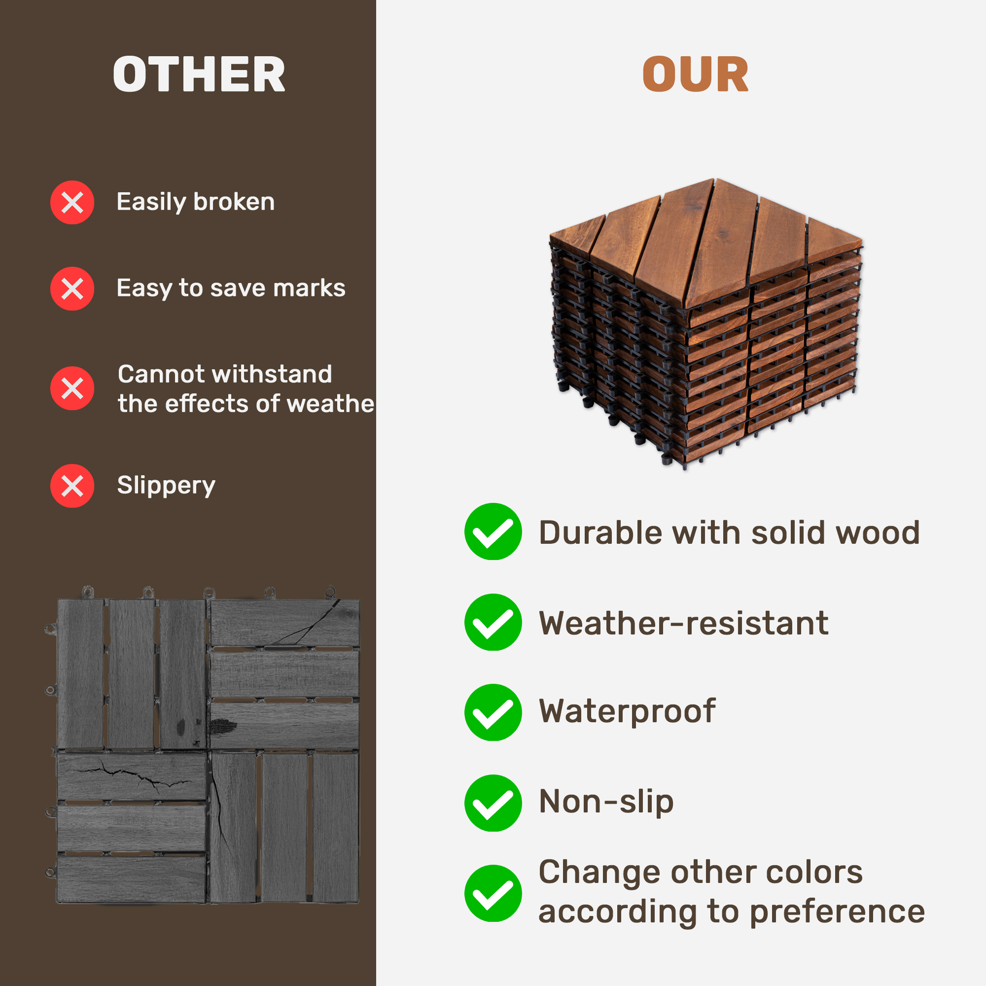 10-Piece Interlocking Deck Tiles - Natural Acacia Wood Outdoor Flooring for Patio, Garden & Balcony (Diagonal Pattern)