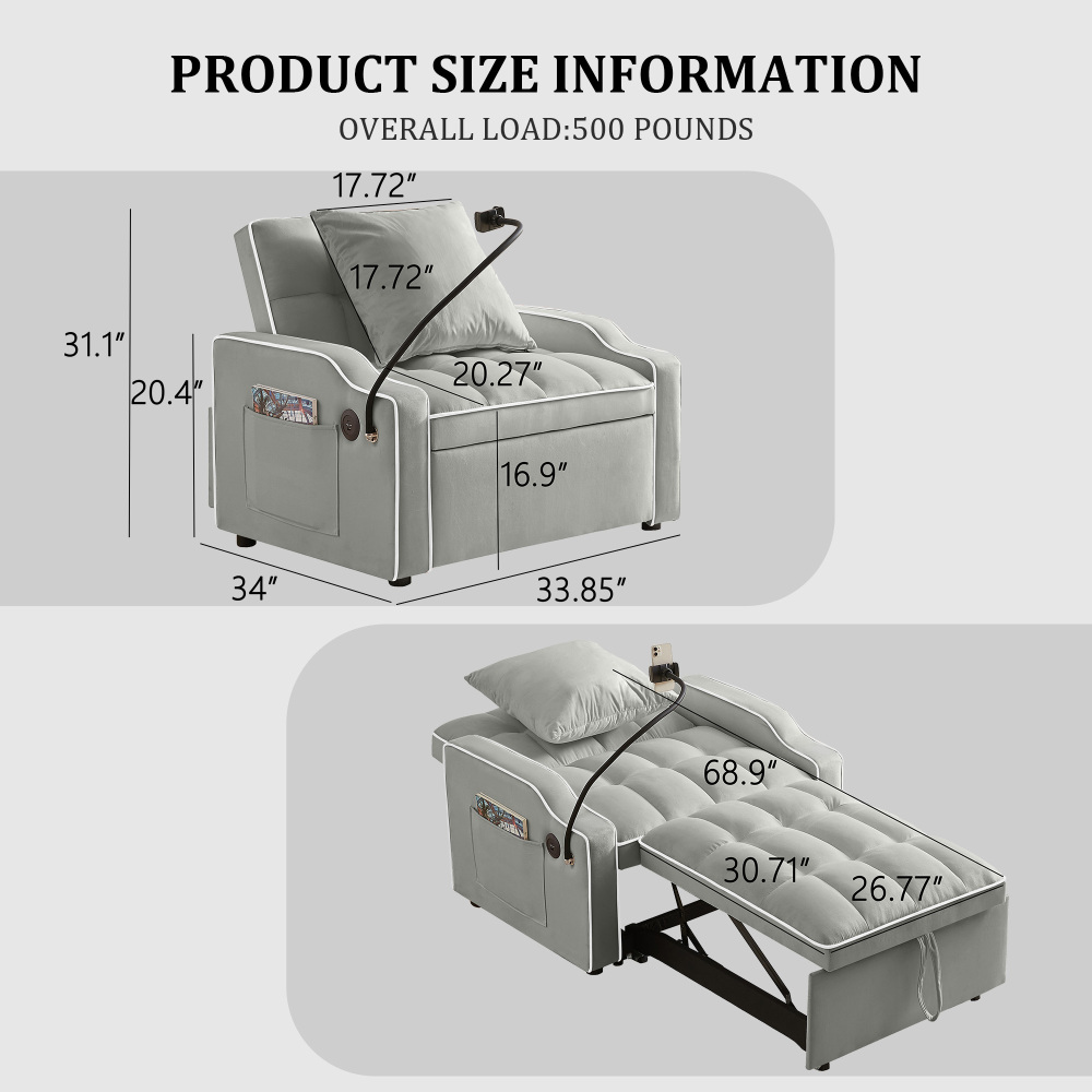 Velvet Convertible Sleeper Chair with USB & Phone Holder - 3-in-1 Adjustable Recliner Sofa Bed for Small Spaces