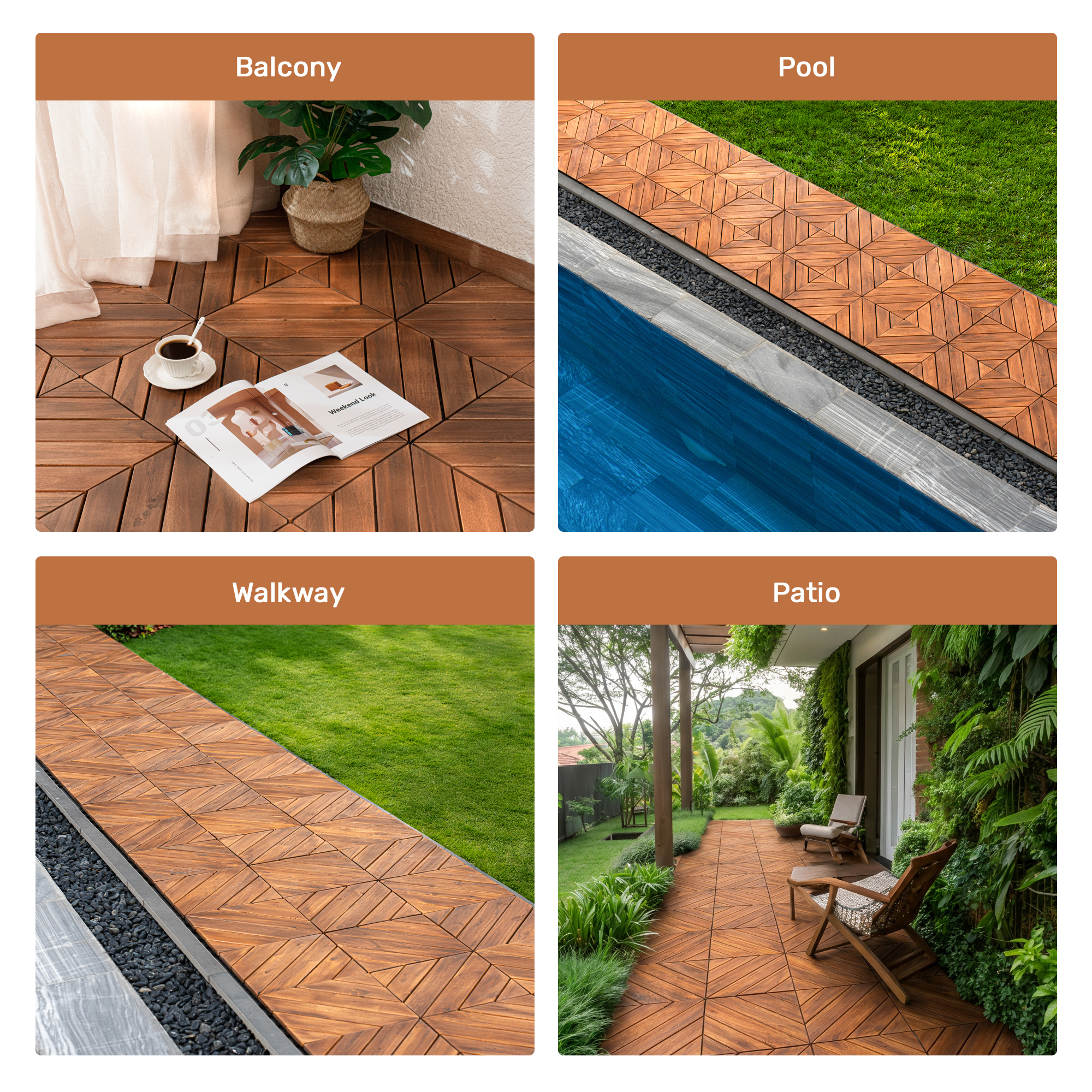 10-Piece Interlocking Deck Tiles - Natural Acacia Wood Outdoor Flooring for Patio, Garden & Balcony (Diagonal Pattern)