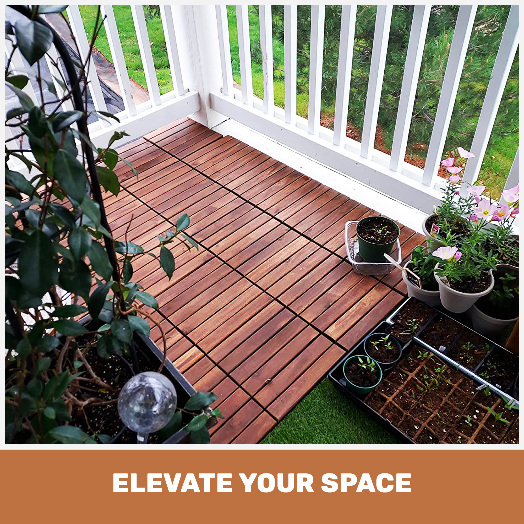 10-Piece Interlocking Acacia Hardwood Deck Tiles - 12"x12" Waterproof Outdoor Flooring for Patio, Balcony & Poolside