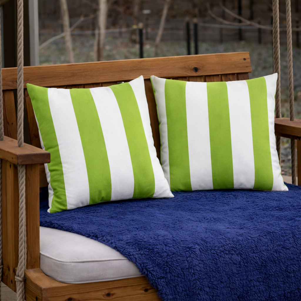 Set of 2 Outdoor Throw Pillows - Waterproof & Fade-Resistant Patio Cushions with Green & White Stripes for Garden, Porch, and Poolside Furniture (18x18 Inch)