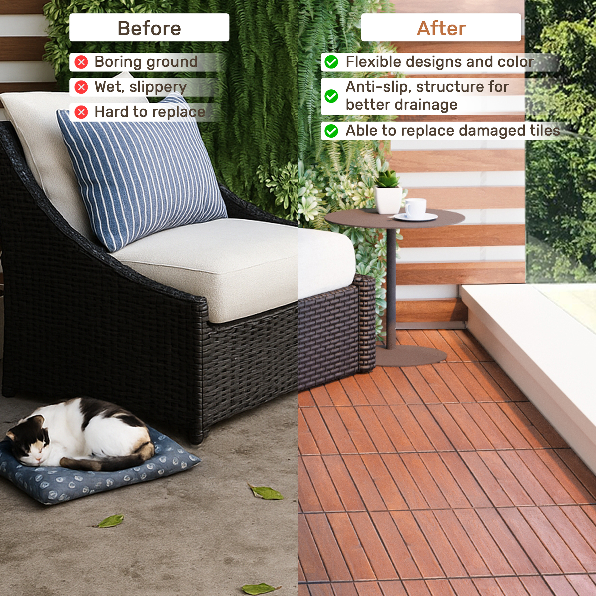 10-Piece Interlocking Acacia Hardwood Deck Tiles - 12"x12" Waterproof Outdoor Flooring for Patio, Balcony & Poolside