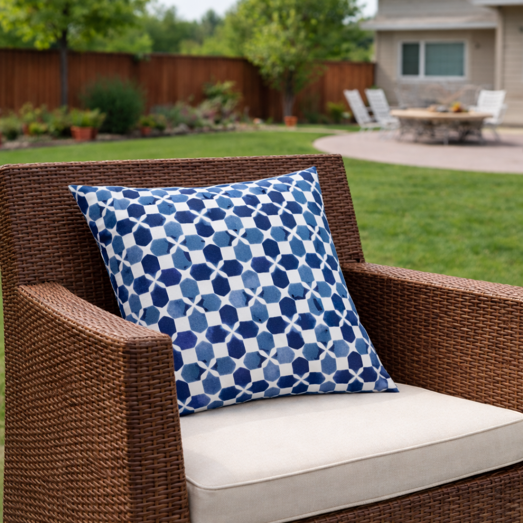 2 Pack Outdoor Throw Pillows - Waterproof & Fade-Resistant Patio Cushions with Geometric Blue Pattern
