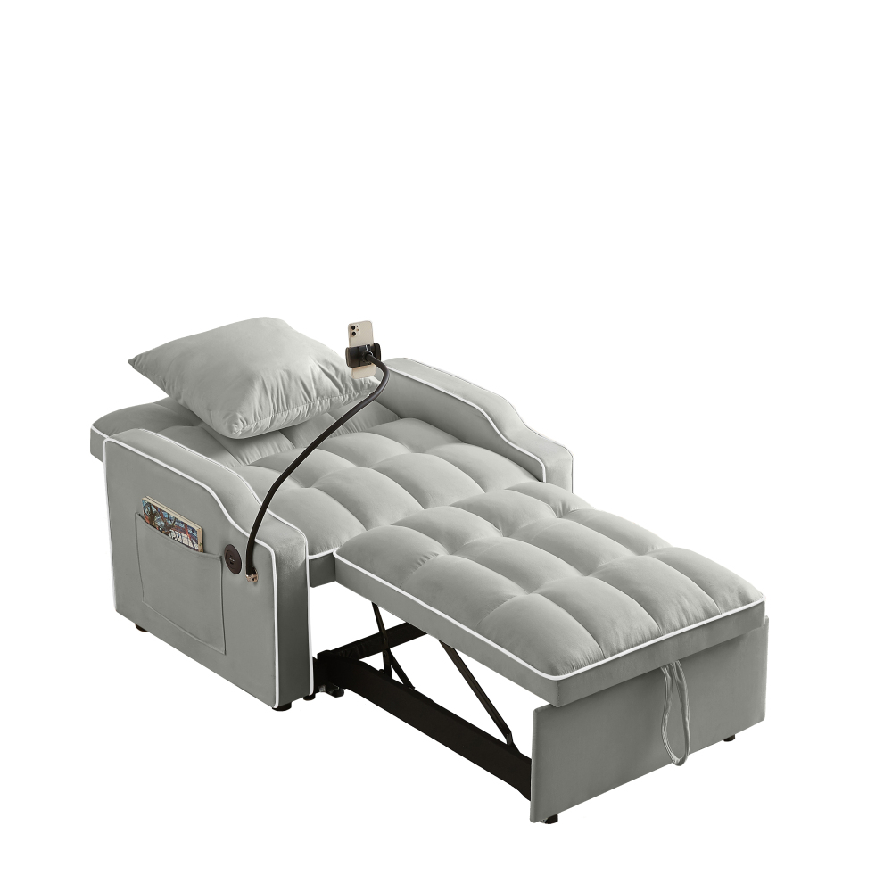 Velvet Convertible Sleeper Chair with USB & Phone Holder - 3-in-1 Adjustable Recliner Sofa Bed for Small Spaces